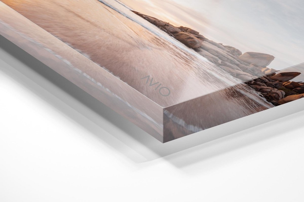 Long exposure of waves and sunset at Llandudno Beach Cape Town in an acrylic/perspex frame