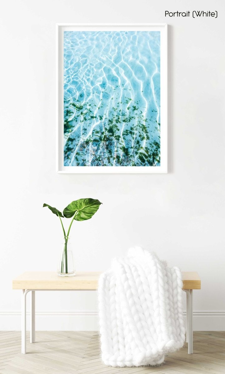 Blue ocean and seaweed with light shining on it in a white fine art frame