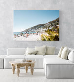 Palm tree and people sunbathing at Clifton fourth beach in Cape Town in an acrylic/perspex frame