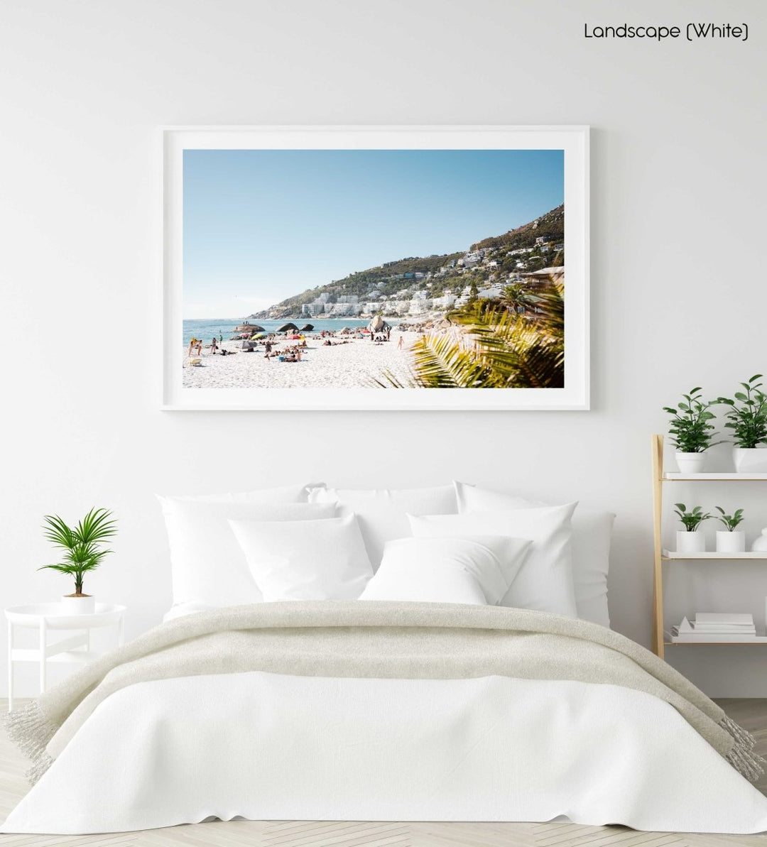 Palm tree and people sunbathing at Clifton fourth beach in Cape Town in a white fine art frame