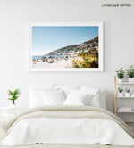 Palm tree and people sunbathing at Clifton fourth beach in Cape Town in a white fine art frame