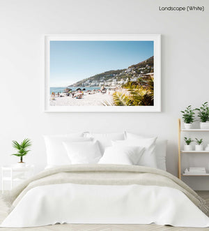 Palm tree and people sunbathing at Clifton fourth beach in Cape Town in a white fine art frame