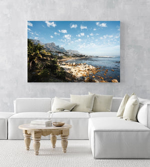Barley Bay Beach and palm trees along Camps Bay in Cape Town in an acrylic/perspex frame