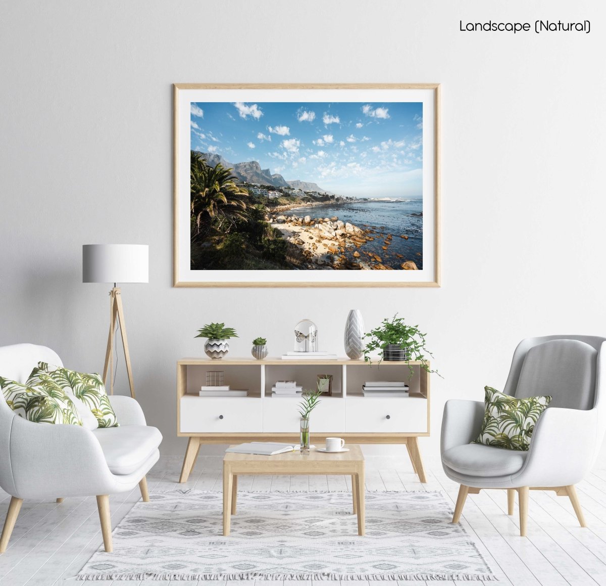 Barley Bay Beach and palm trees along Camps Bay in Cape Town in a natural fine art frame