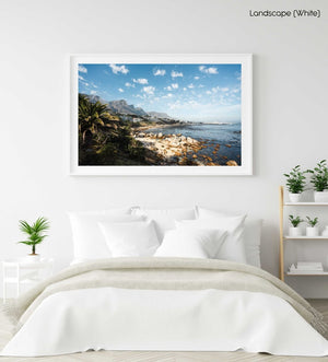 Barley Bay Beach and palm trees along Camps Bay in Cape Town in a white fine art frame
