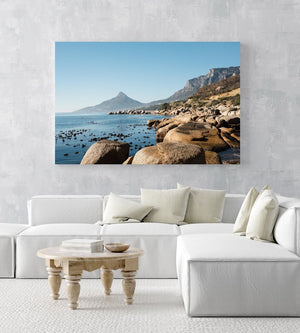 Lions Head seen from Oudekraal's blue water and rocks in an acrylic/perspex frame