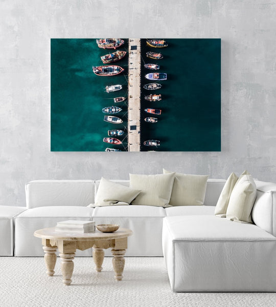 Aerial of boats docked at Kalk Bay harbour in a white fine art frame