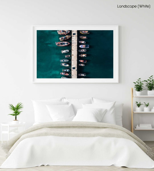 Aerial of boats docked at Kalk Bay harbour in a white fine art frame