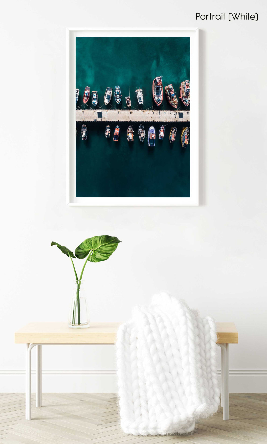 Aerial of boats docked at Kalk Bay harbour in a white fine art frame