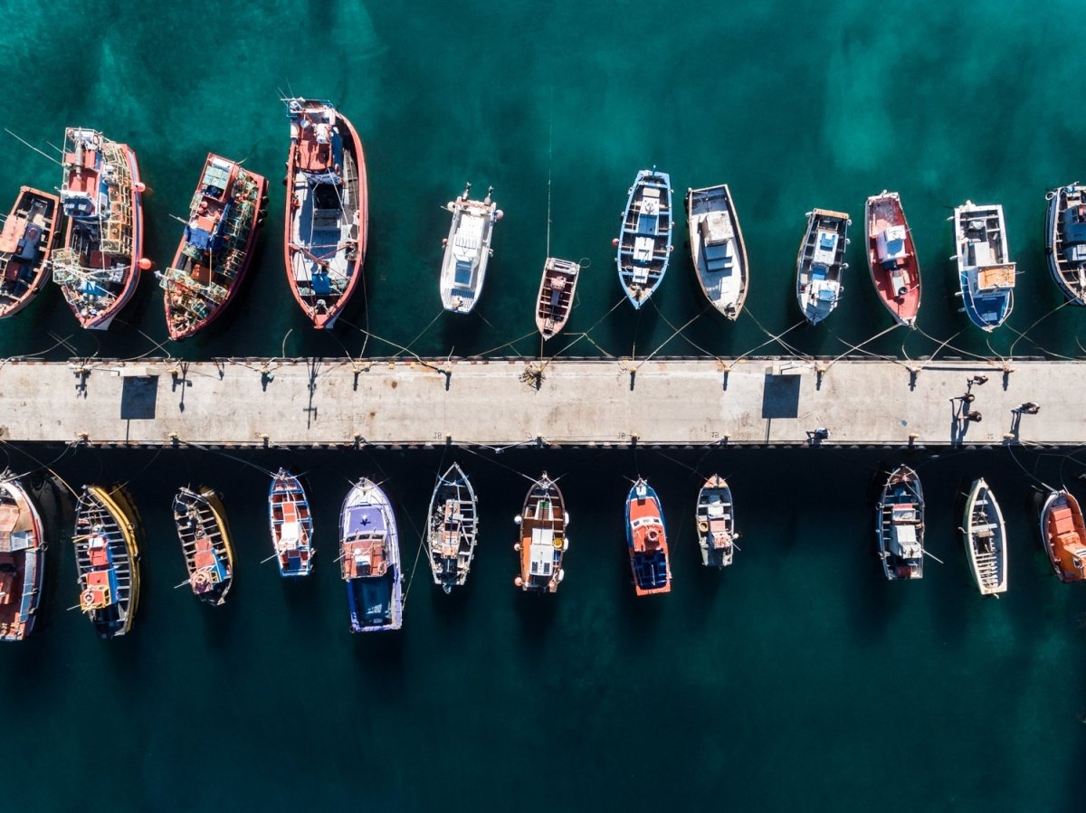 Aerial of boats docked in dark water at Kalk Bay harbour