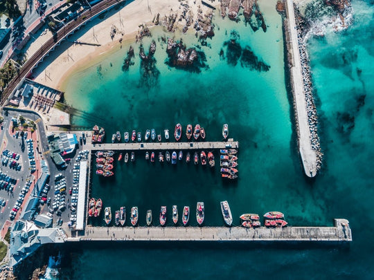 High above the boats and blue water at Kalk Bay harbour