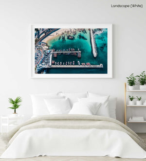 High above the boats and blue water at Kalk Bay harbour in a white fine art frame