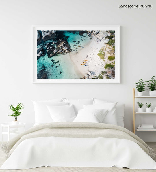 Kayaks on Windmill Beach in Simons Town from above in a white fine art frame