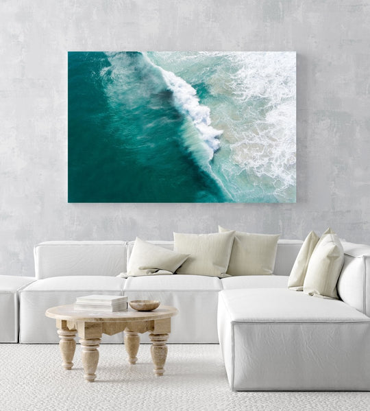 Big wave breaking in dark turquoise Noordhoek Beach from the air in an acrylic/perspex frame