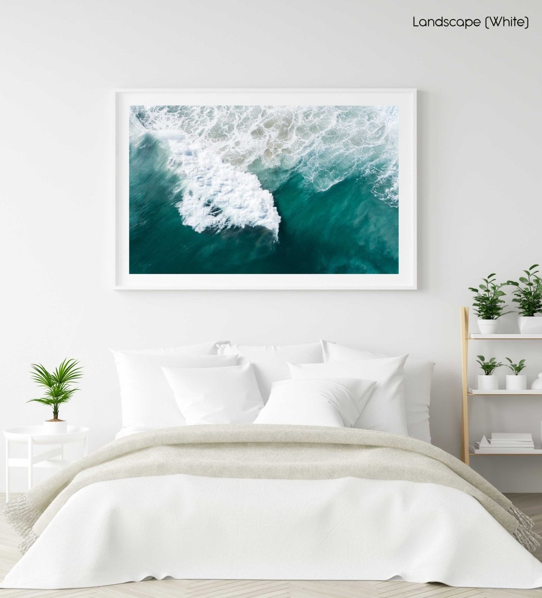Large wave crashing at Noordhoek beach seen from above in a white fine art frame