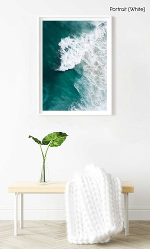 Large wave crashing at Noordhoek beach seen from above in a white fine art frame