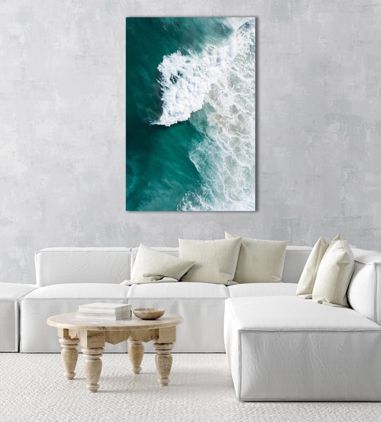 Large wave crashing at Noordhoek beach seen from above in a natural fine art frame