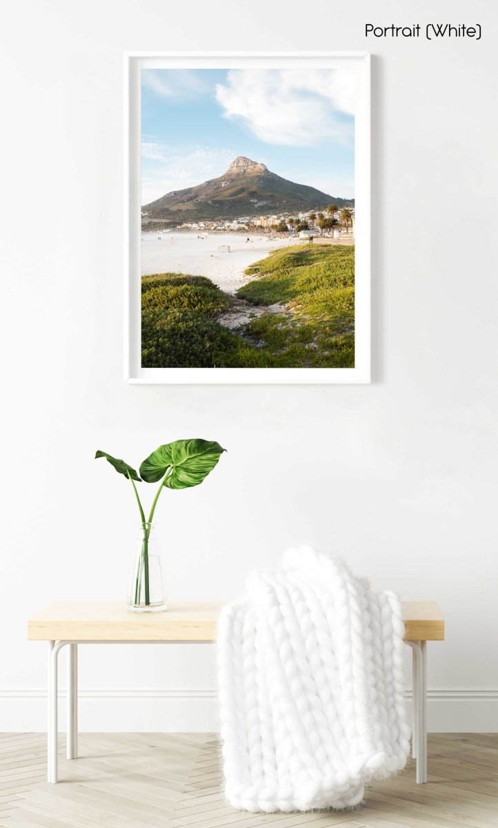 Lions Head seen from Camps Bay beach with green grass in a white fine art frame