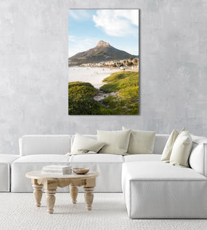 Lions Head seen from Camps Bay beach with green grass in an acrylic/perspex frame