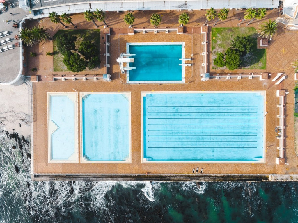 Aerial topdown of promenade pools in Sea Point Cape Town