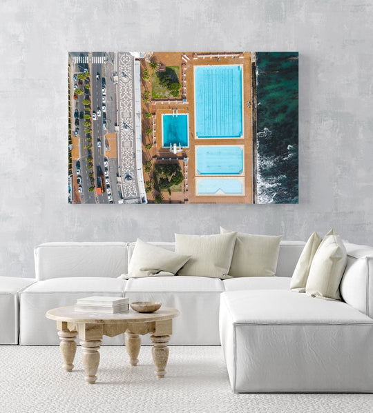 Aerial topdown of promenade pools and cars at Sea Point Cape Town in a white fine art frame