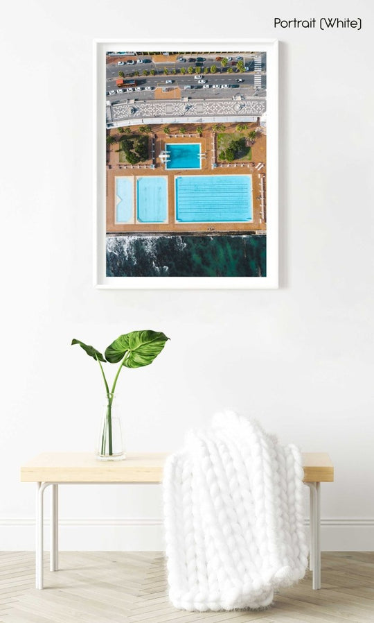 Aerial topdown of promenade pools and cars at Sea Point Cape Town in a white fine art frame