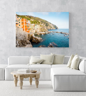 Colorful buildings of Riomaggiore along Cinque Terre coast in an acrylic/perspex frame