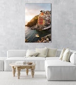 Docked boats and colorful buildings at sunset in Riomaggiore Cinque Terre in an acrylic/perspex frame