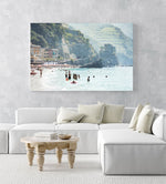 People swimming at castle and hills of Monterosso in Cinque Terre in an acrylic/perspex frame