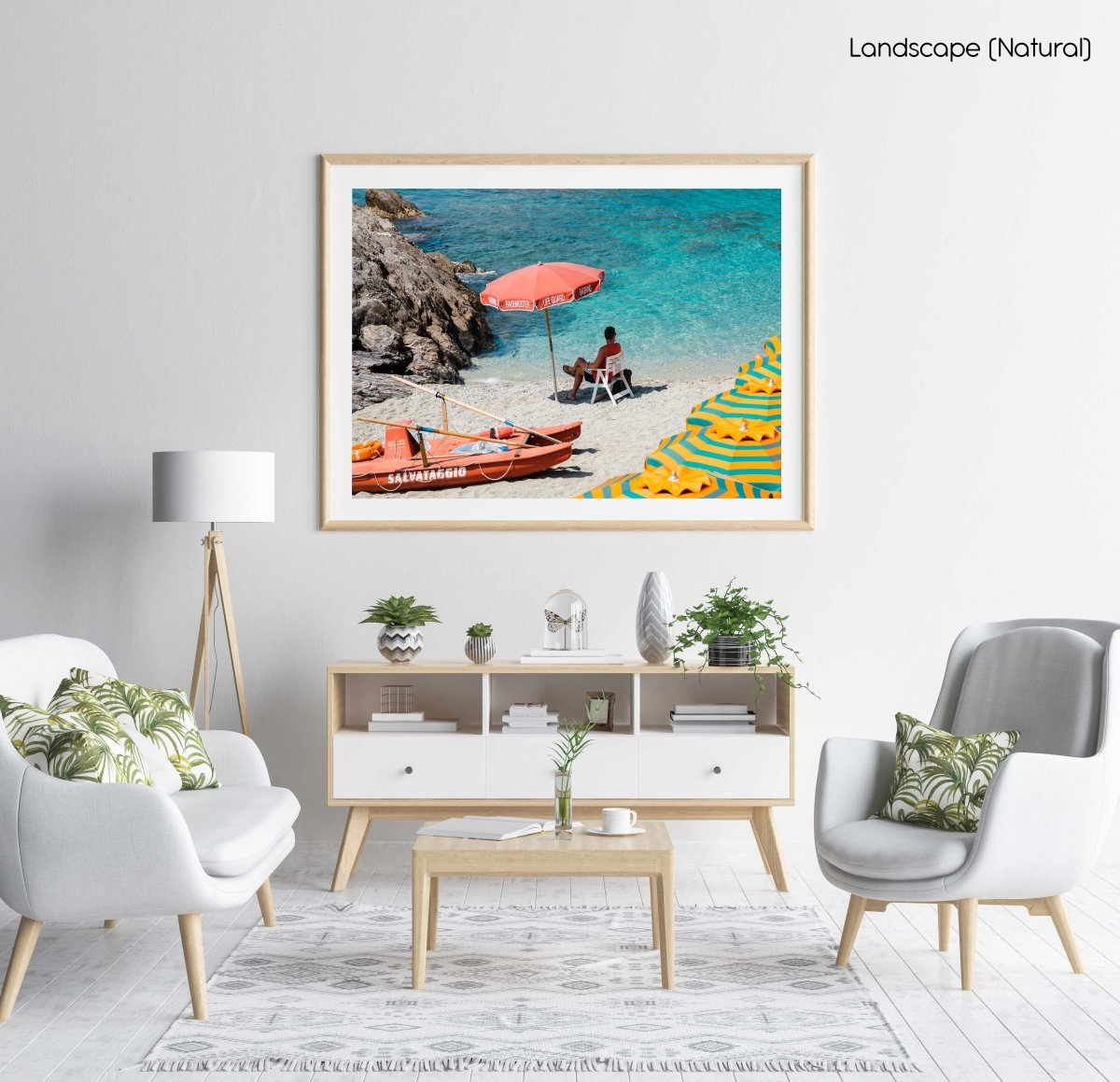 Italian lifeguard sitting under umbrella at blue water on Monterosso Beach in a natural fine art frame