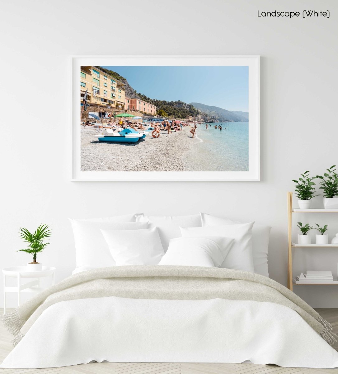 People swimming and lying on italian beach during summer in a white fine art frame
