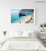 Big rock on Monterosso beach surrounded by people and blue water Cinque Terre in a white fine art frame