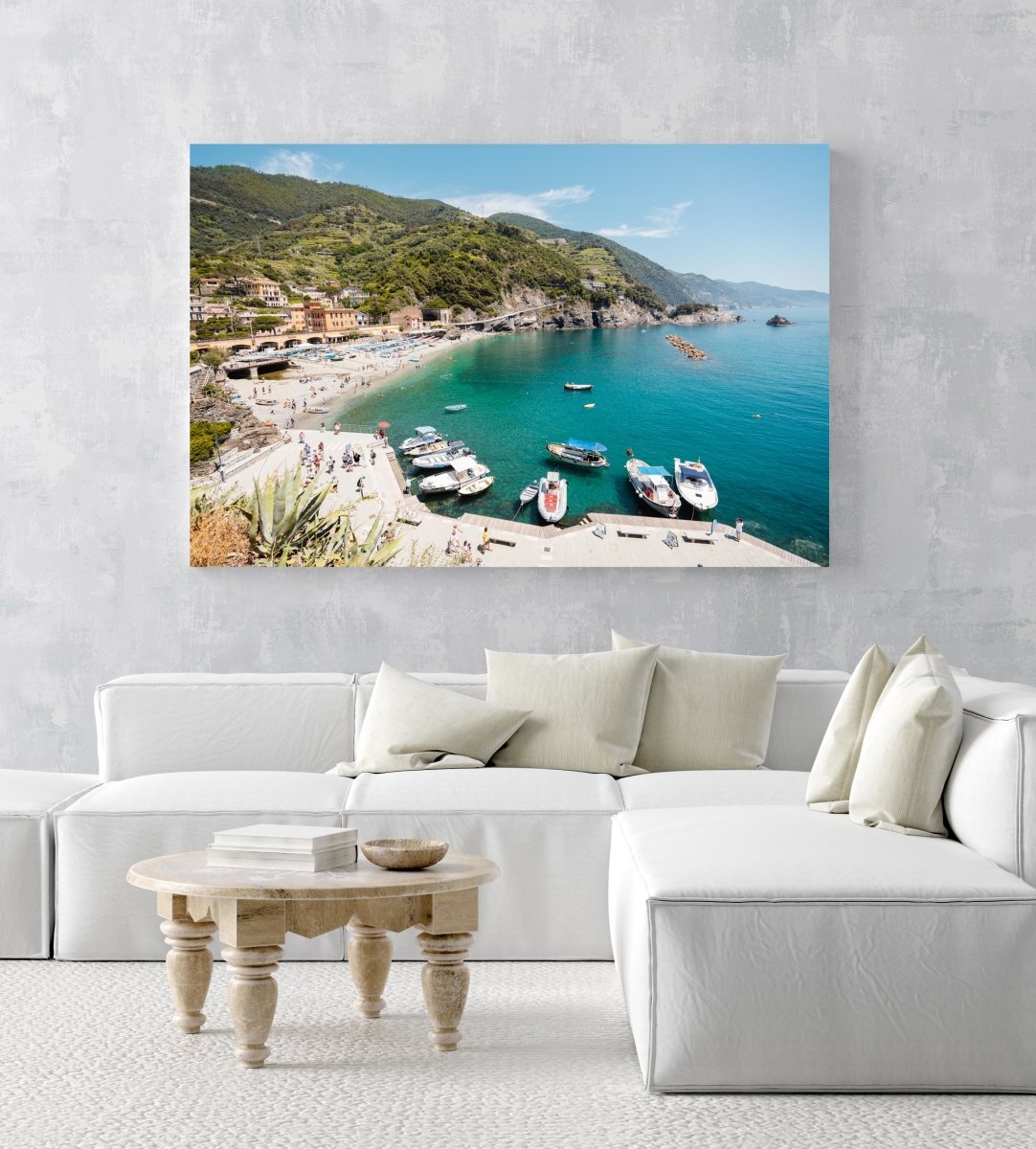 Boats docked along promenade of old town Monterosso during summer in Cinque Terre in an acrylic/perspex frame