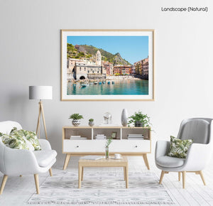 Beach, boats and colorful buildings of Vernazza in Cinque Terre in a natural fine art frame