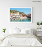 Beach, boats and colorful buildings of Vernazza in Cinque Terre in a white fine art frame