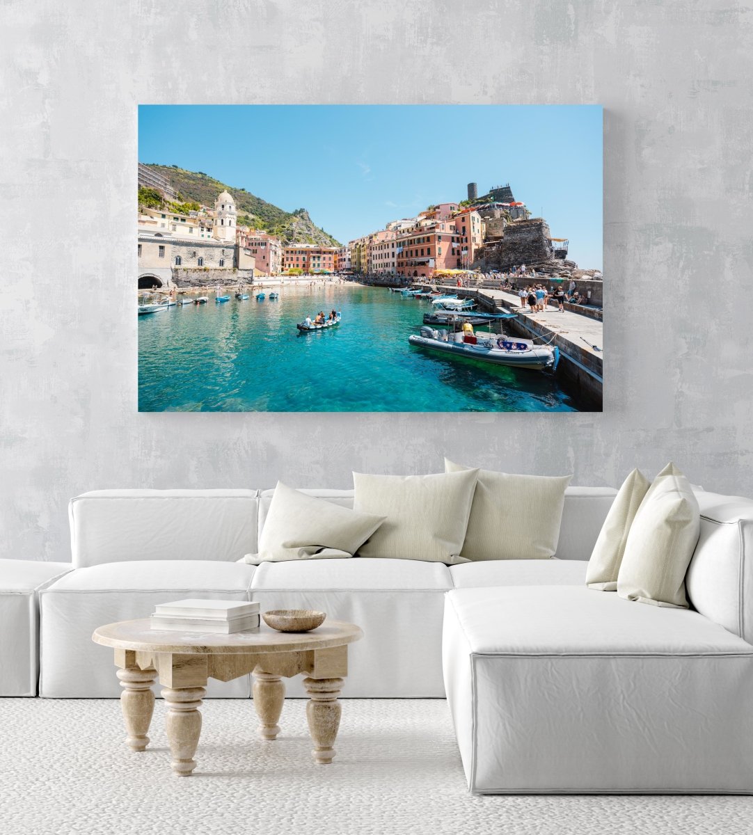 People on boat in blue water in colorful Vernazza of Cinque Terre in an acrylic/perspex frame