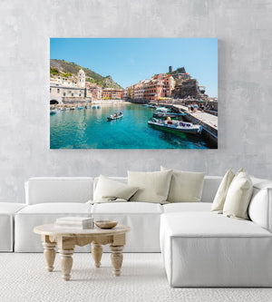People on boat in blue water in colorful Vernazza of Cinque Terre in an acrylic/perspex frame