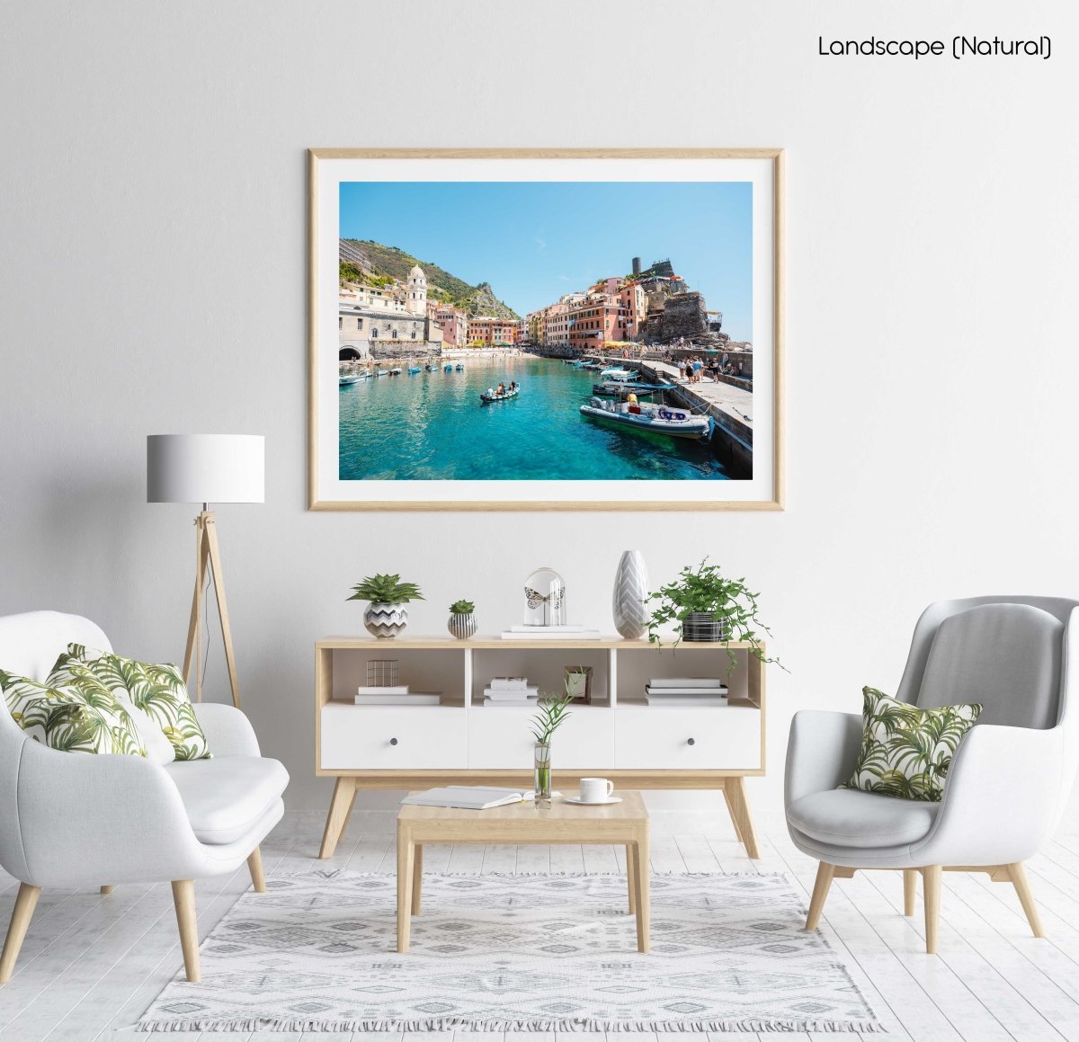 People on boat in blue water in colorful Vernazza of Cinque Terre in a natural fine art frame