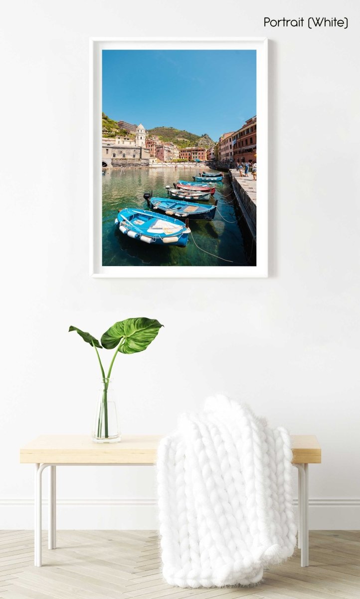 Boats lined up at Promenade in Vernazza Italy in a white fine art frame
