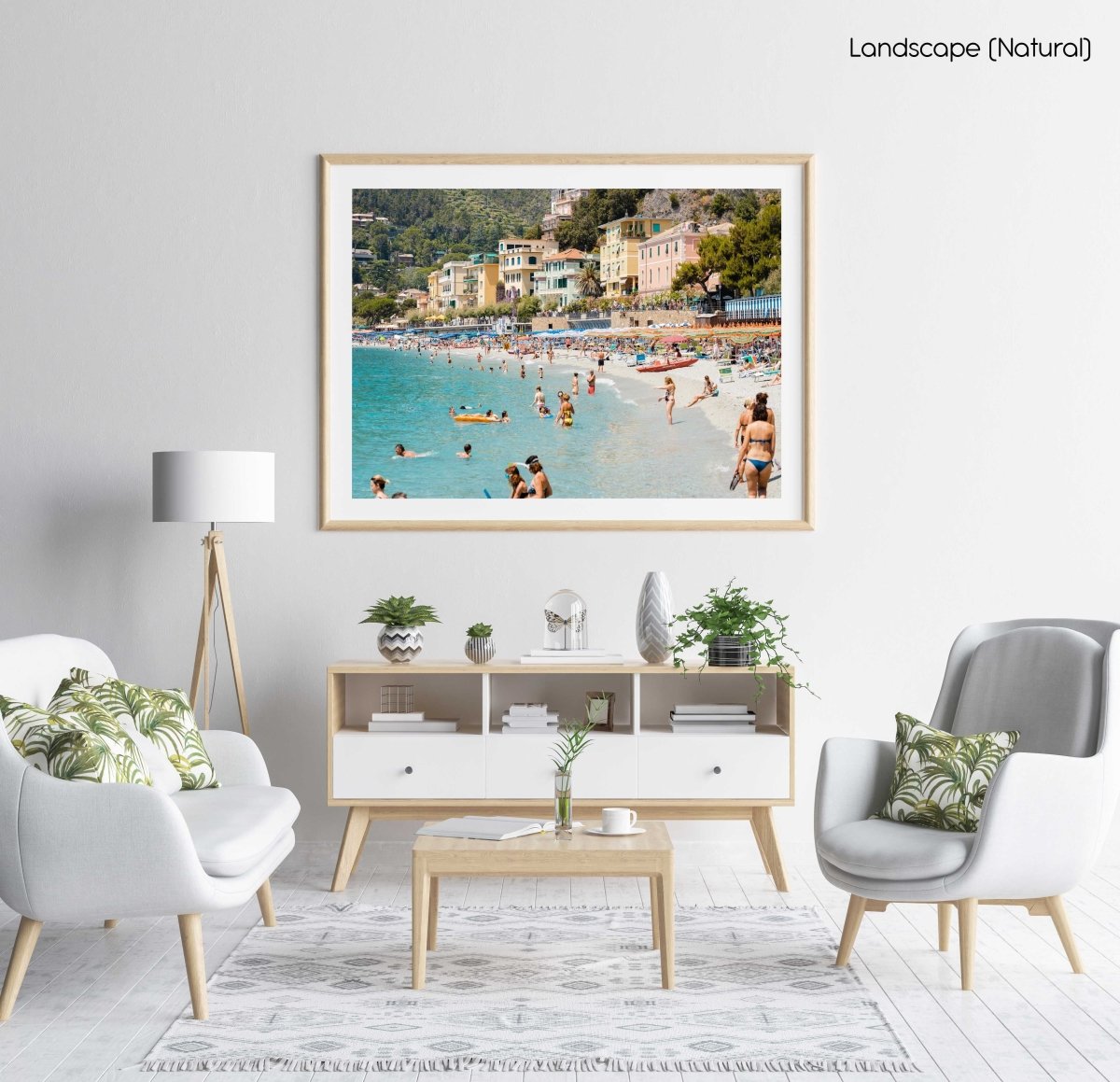 Busy Monterosso beach with people swimming, snorkeling and chilling on summers day in a natural fine art frame