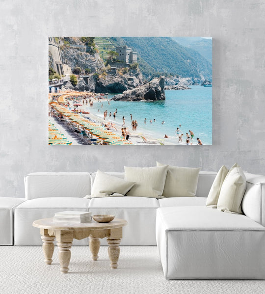 People enjoying the sun and ocean in Cinque Terre in an acrylic/perspex frame