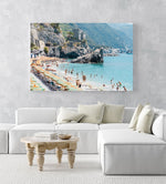 People enjoying the sun and ocean in Cinque Terre in an acrylic/perspex frame