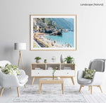 People enjoying the sun and ocean in Cinque Terre in a natural fine art frame