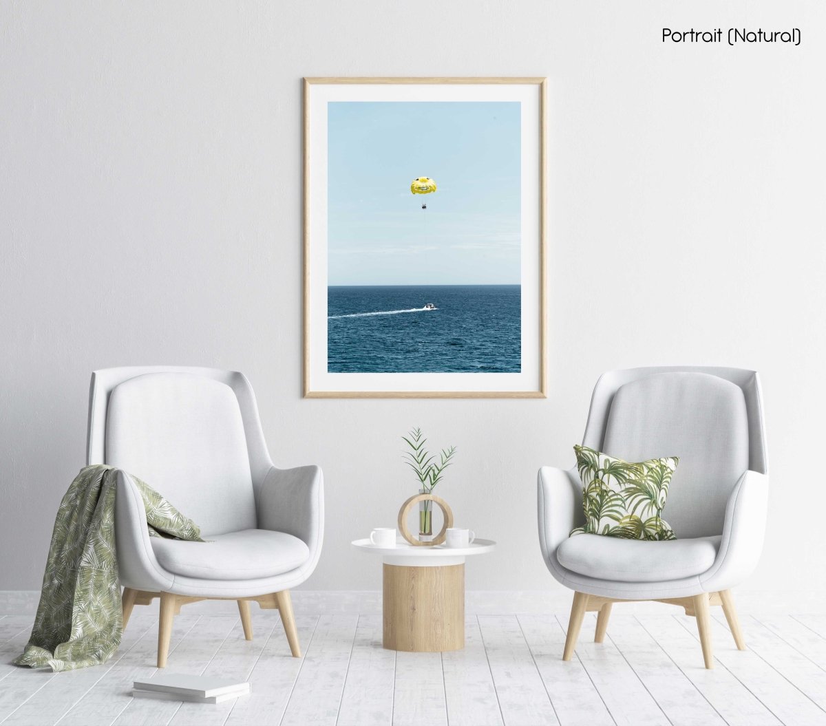 Yellow parasail behind boat in Costa Brava Spain in a natural fine art frame