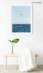 Yellow parasail behind boat in Costa Brava Spain in a white fine art frame