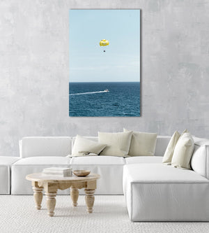 Yellow parasail behind boat in Costa Brava Spain in an acrylic/perspex frame
