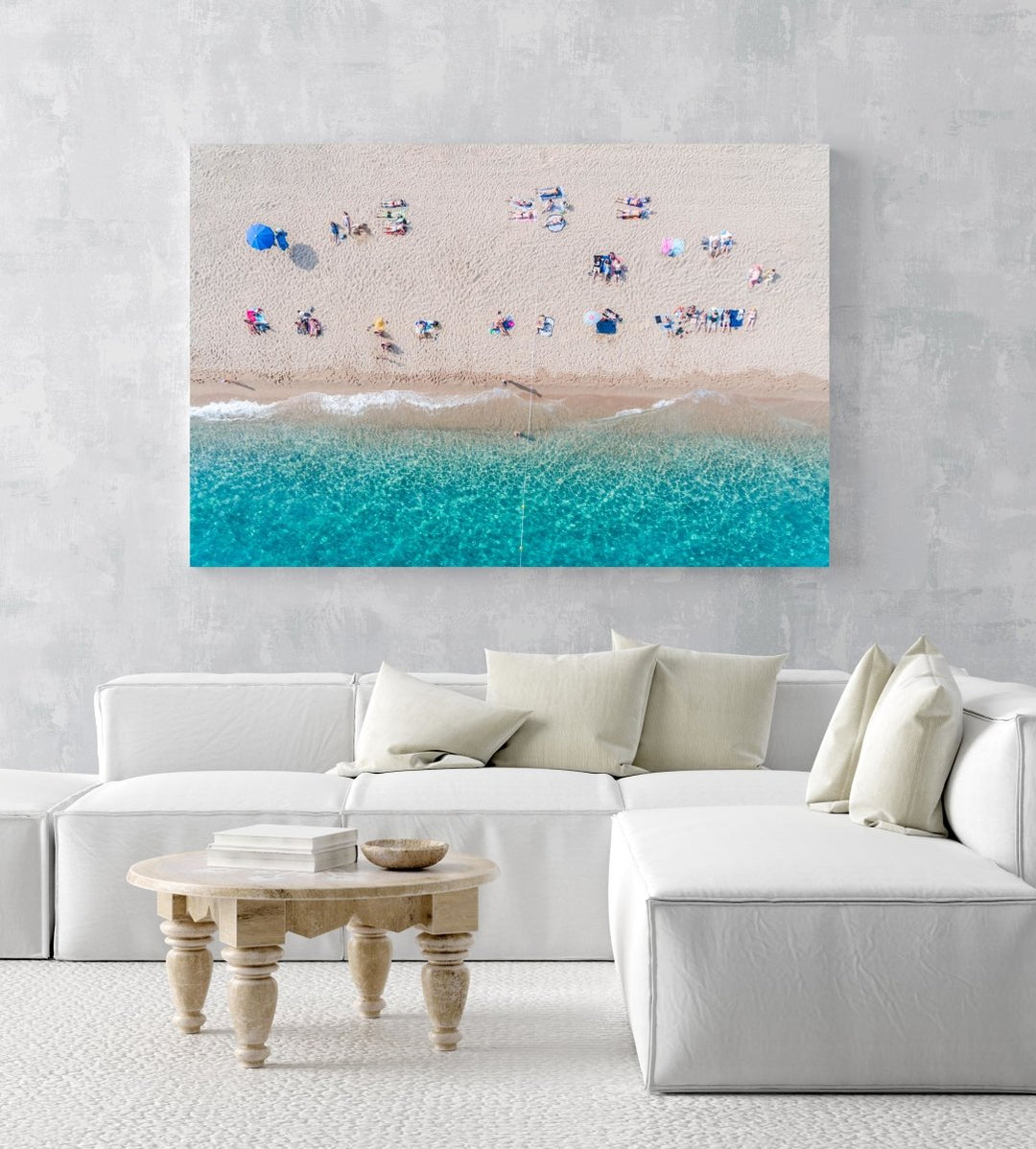 Lines of people tanning on beach in Spain from aerial view in a white fine art frame