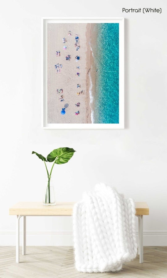 Lines of people tanning on beach in Spain from aerial view in a white fine art frame