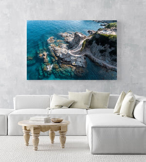 Stairway from above along blue water of Costa Brava in an acrylic/perspex frame