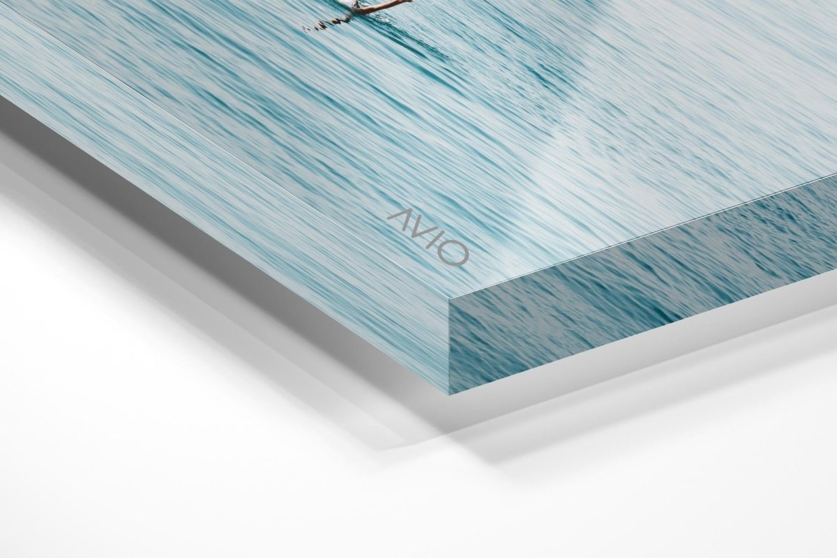 Woman swimming backstroke in the ocean in Costa Brava in an acrylic/perspex frame
